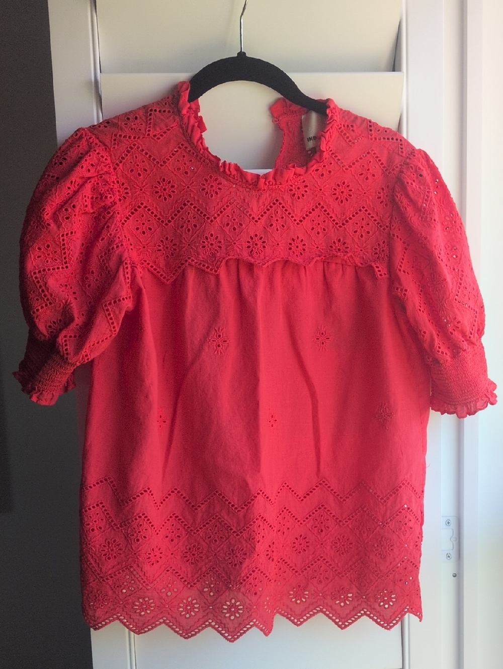 Coral Eyelet Puff-Sleeve Blouse with Ruffle Neck